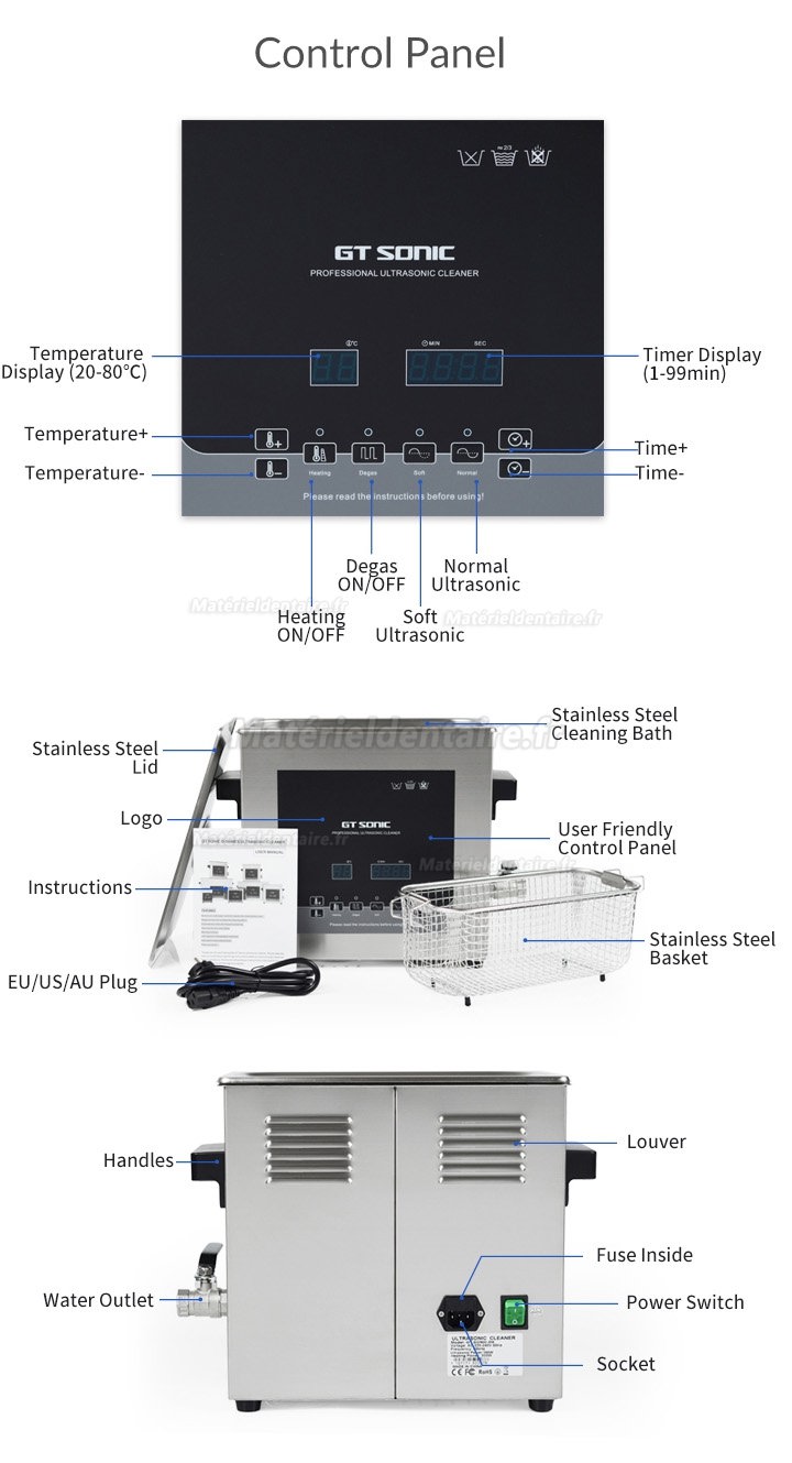 GT SONIC série D Nettoyeur à ultrasons numérique 2-27L 100-500W avec nettoyage à l'eau chaude